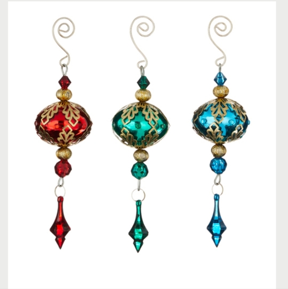 RAZ Imports 8" Hanging Metel Filigree with Drop Glass Ornaments - Set of… - Picture 1 of 10